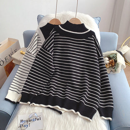 Half high collar fake two sweaters lazy wind stripe sweater  5013