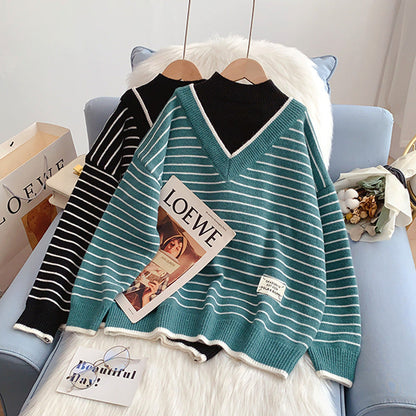 Half high collar fake two sweaters lazy wind stripe sweater  5013
