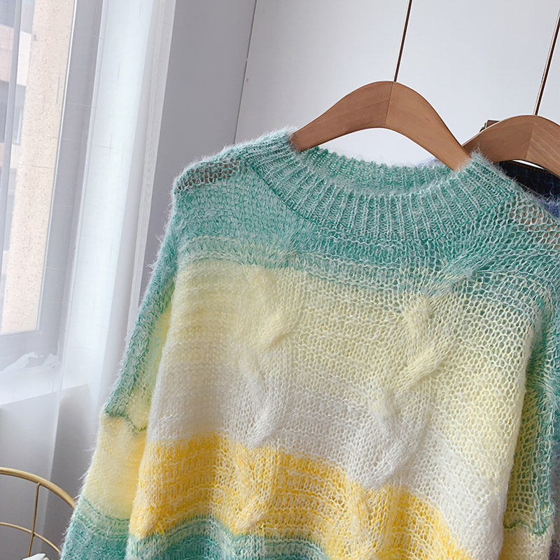 Gradient soft waxy color knitted Mohair loose Pullover Sweater  5078