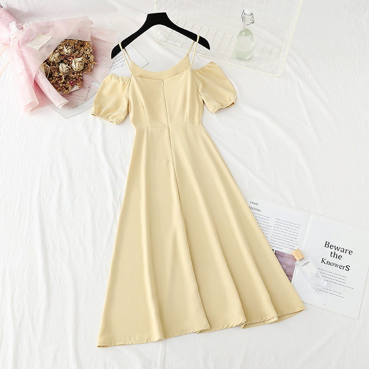 New French pearl off shoulder sling small skirt Bubble Sleeve Chiffon Skirt  4870