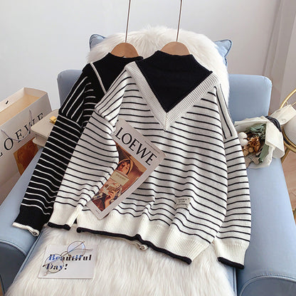 Half high collar fake two sweaters lazy wind stripe sweater  5013