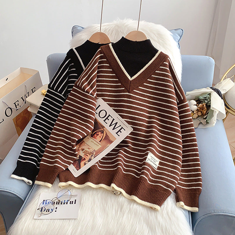 Half high collar fake two sweaters lazy wind stripe sweater  5013