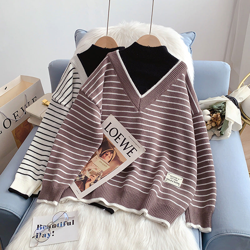 Half high collar fake two sweaters lazy wind stripe sweater  5013