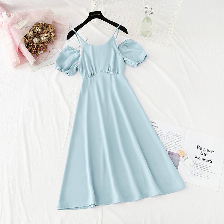 New French pearl off shoulder sling small skirt Bubble Sleeve Chiffon Skirt  4870