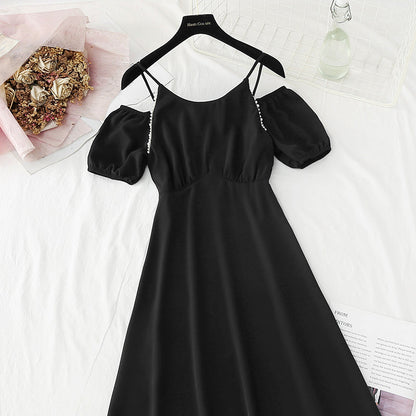 New French pearl off shoulder sling small skirt Bubble Sleeve Chiffon Skirt  4870