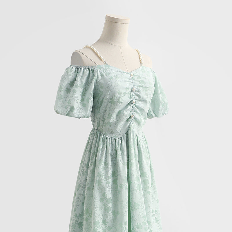 French off shoulder suspender cotton linen dress  4293