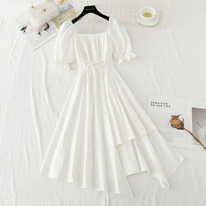 Off shoulder bandage waist slim irregular dress  4233