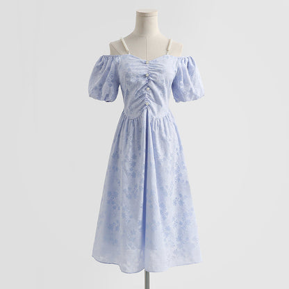 French off shoulder suspender cotton linen dress  4293