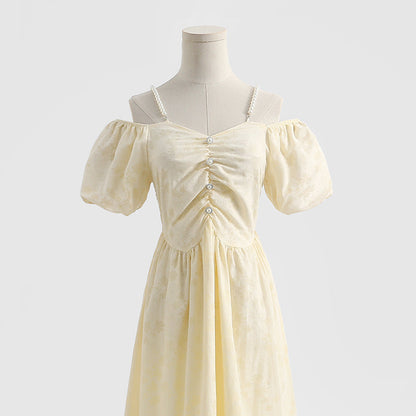 French off shoulder suspender cotton linen dress  4293