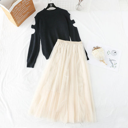 Off shoulder Pullover Sweater + mesh skirt  3947