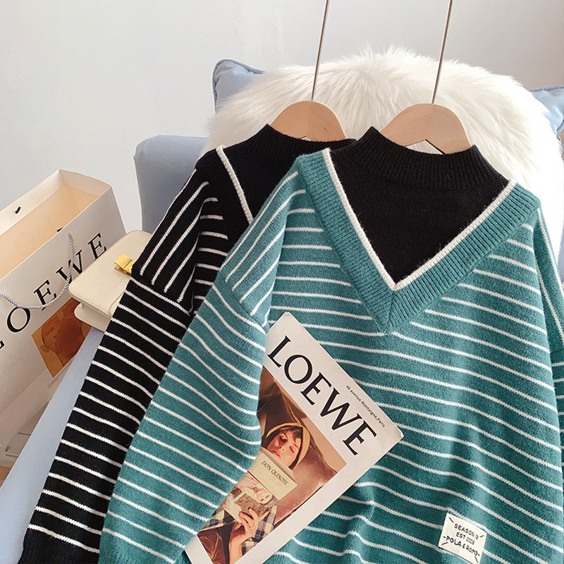 Half high collar fake two sweaters lazy wind stripe sweater  5013