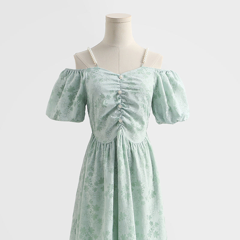 French off shoulder suspender cotton linen dress  4293