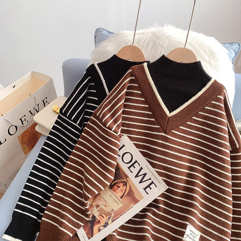 Half high collar fake two sweaters lazy wind stripe sweater  5013