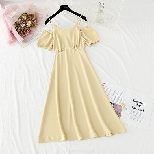 New French pearl off shoulder sling small skirt Bubble Sleeve Chiffon Skirt  4870