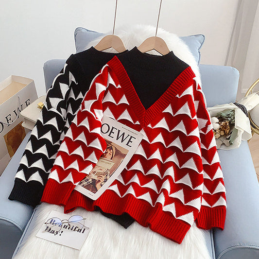 Half high neck sweater female small man fake two piece design sense  4936
