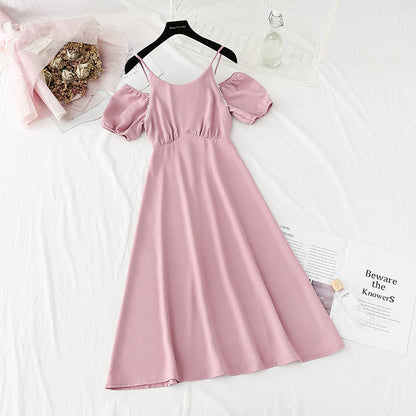 New French pearl off shoulder sling small skirt Bubble Sleeve Chiffon Skirt  4870