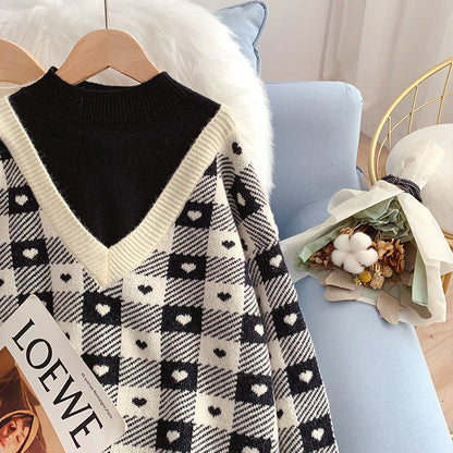 Half turtleneck sweater design fake two-piece sweater top  4964