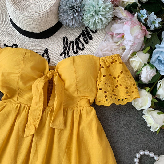 Off shoulder embroidered backless Strapless high waist solid dress  3726