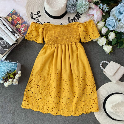Off shoulder embroidered backless Strapless high waist solid dress  3726