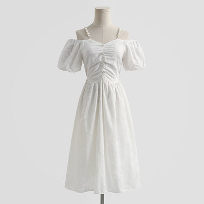 French off shoulder suspender cotton linen dress  4293