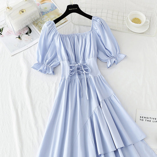Off shoulder bandage waist slim irregular dress  4233