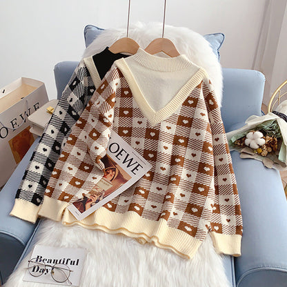 Half turtleneck sweater design fake two-piece sweater top  4964
