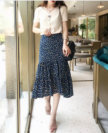 Romantic printed, high waist, irregular polka-dot mermaid skirt  3639