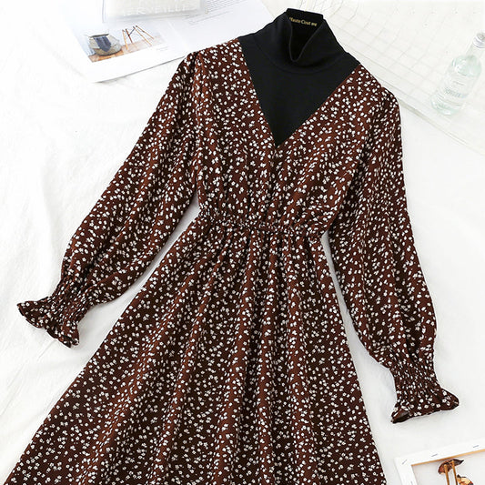 Corduroy floral dress with slim waist and vintage dress  4555