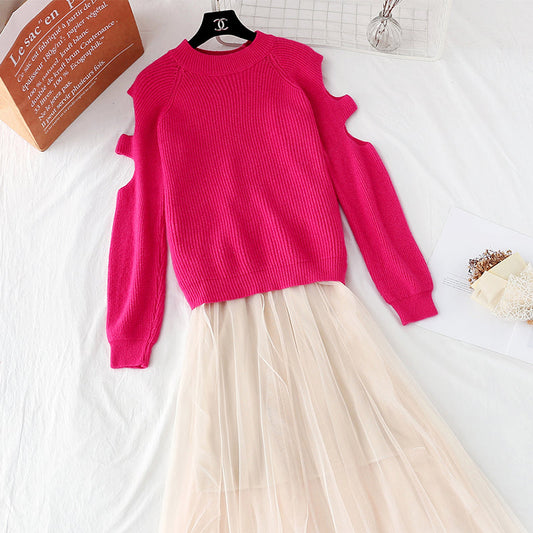 Off shoulder Pullover Sweater + mesh skirt  3947