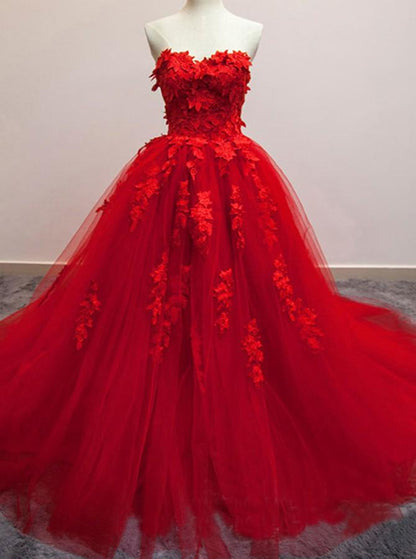 Hermoso vestido de fiesta rojo largo de tul con apliques y escote en forma de corazón sin tirantes, vestidos de fiesta 