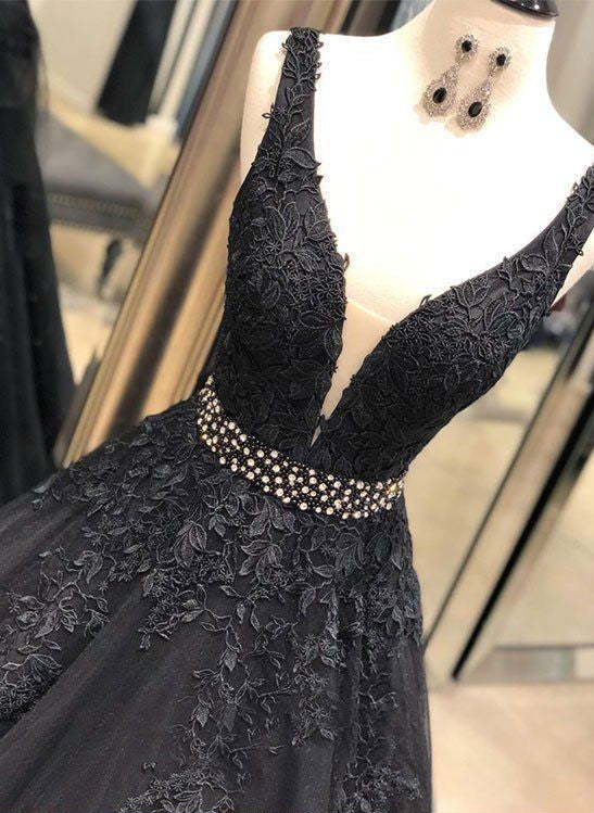 Vestido de fiesta largo de tul con escote en V negro sexy, vestido de noche, ropa formal