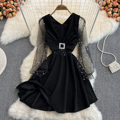 Black V Neck Short Dress A Line Fashion Dress  10832