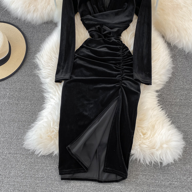 Simple V Neck Velvet Long Sleeve Dress Fashion Dress  10827