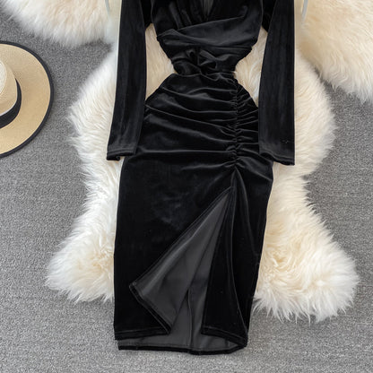 Simple V Neck Velvet Long Sleeve Dress Fashion Dress  10827