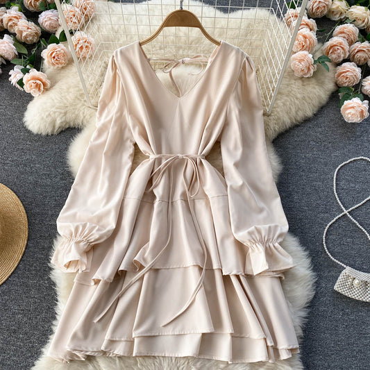 Simple V Neck Long Sleeve Dress Fashion Dress  10775