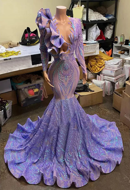 Vestido de fiesta morado de manga larga para chicas negras, vestidos de fiesta de cumpleaños con lentejuelas
