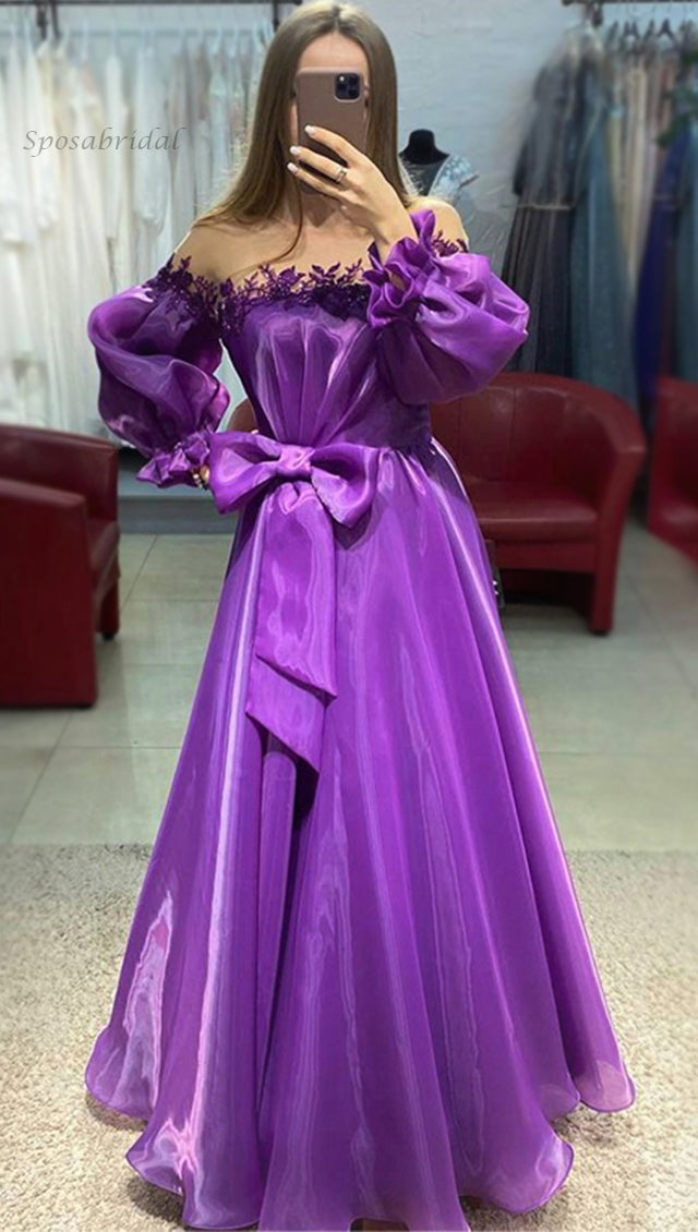 Off-shoulder Long-sleeves Purple Long Prom Dress With Bowknot, GP338