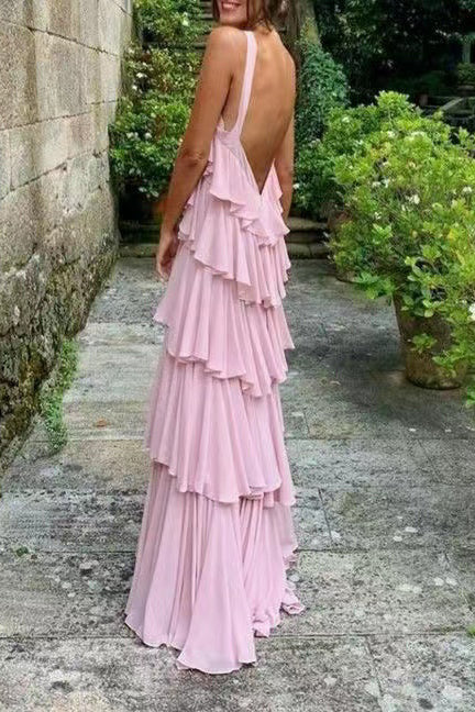 Vestido de fiesta largo de gasa con tirantes en forma de A y capas, hasta el suelo, color rosa, para noche formal