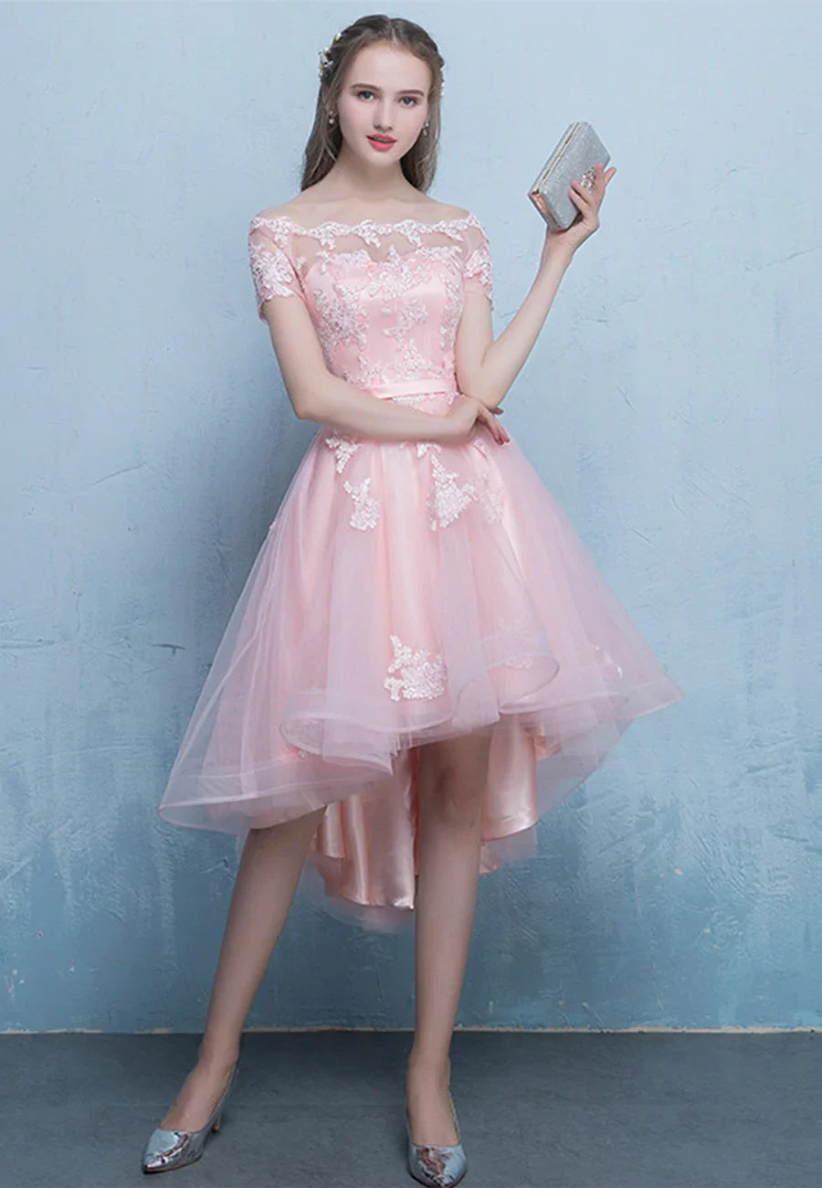 Pink Lace High Low Prom Dress, A-Line Off the Shoulder Party Dress