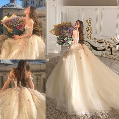 Champagne color gorgeous off shoulder exquisite lace floral applique long elegant ball gown formal evening dress prom dress gh3452