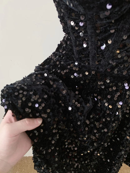Vintage Black Strapless Sequin A-line Sweetheart Party Dresses Homecoming Dresses, TP3792