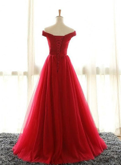 Red A Line Off Shoulder Tulle Prom Dress, Formal Graduation Dresses