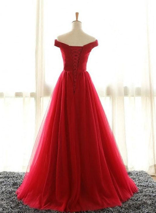 Red A Line Off Shoulder Tulle Prom Dress, Formal Graduation Dresses