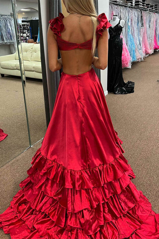 Criss Cross Top Ruffled Straps Red Pleated Layered Long Prom Dresses GP650