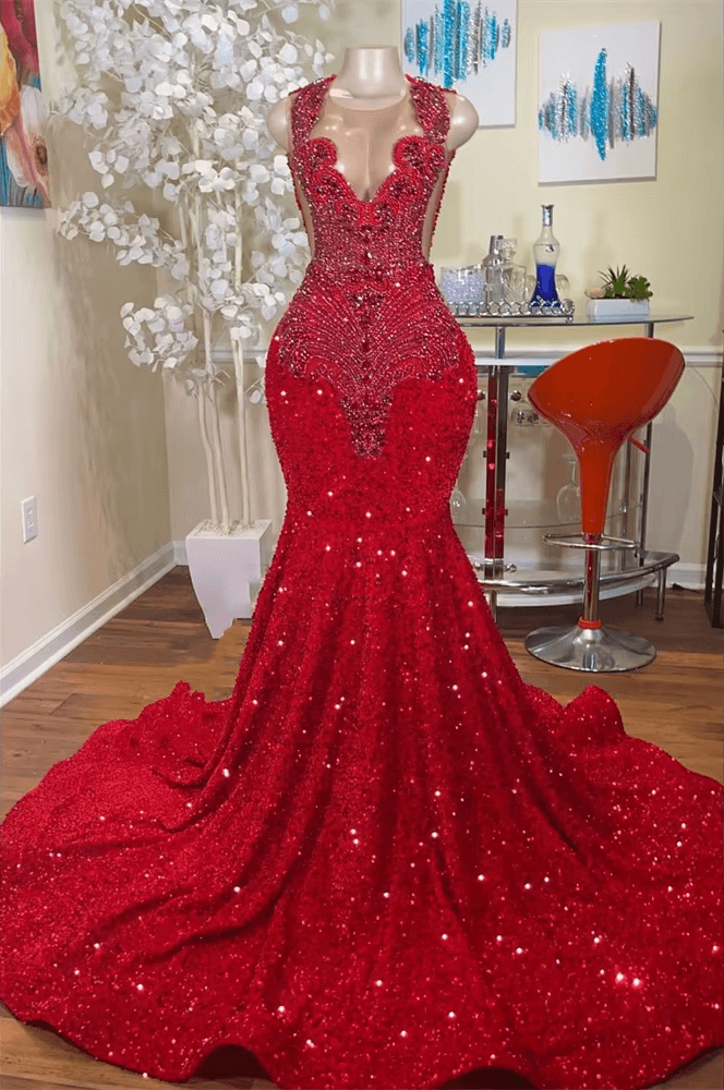 Vestidos de fiesta de sirena con lentejuelas rojas de lujo, vestido de gala de cumpleaños de cristal
