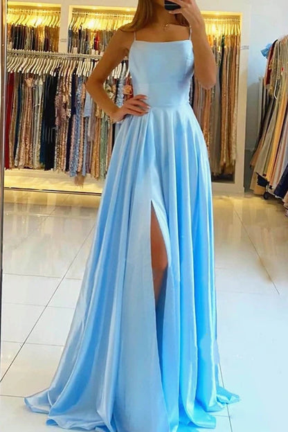 Simple A Line Long Prom Dresses With Slit, Backless Evening Dress GP296