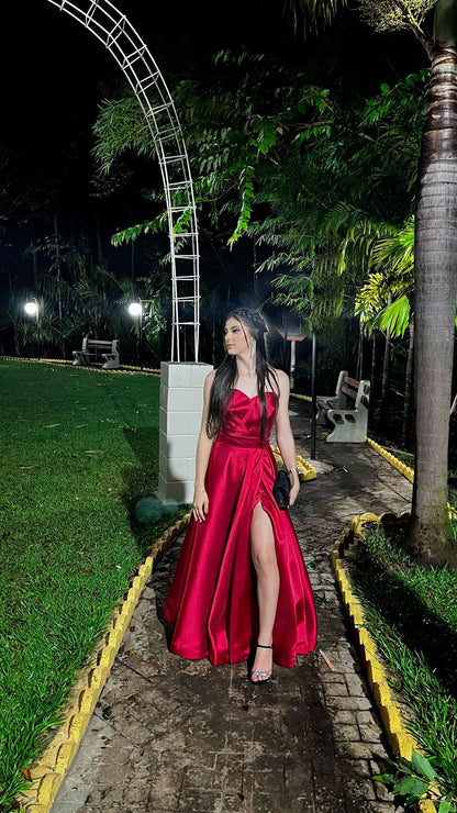 Simple A Line Red Party Dress Satin Long Formal Dresses
