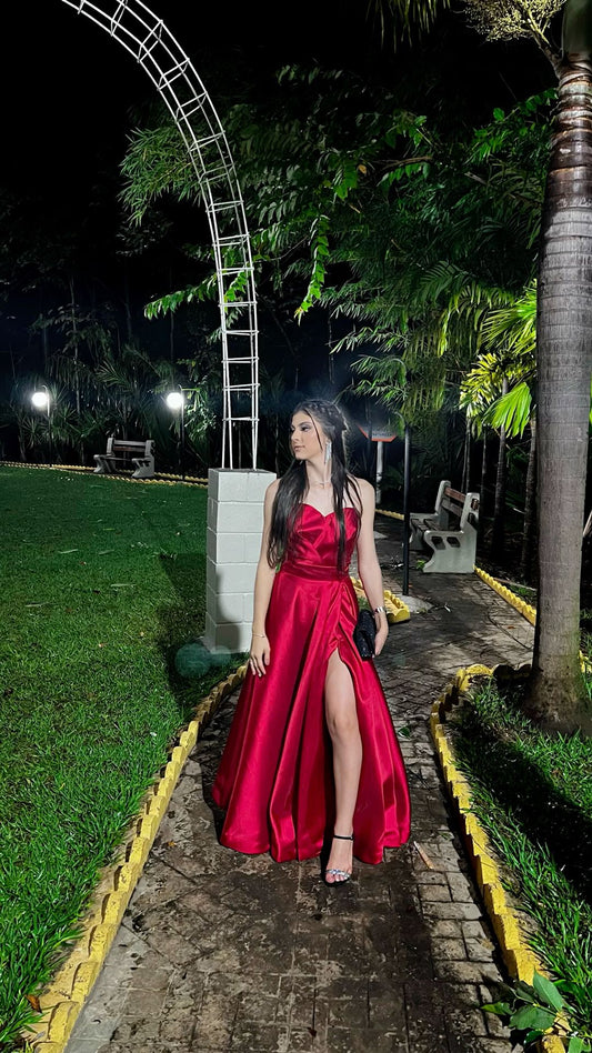 Simple A Line Red Party Dress Satin Long Formal Dresses
