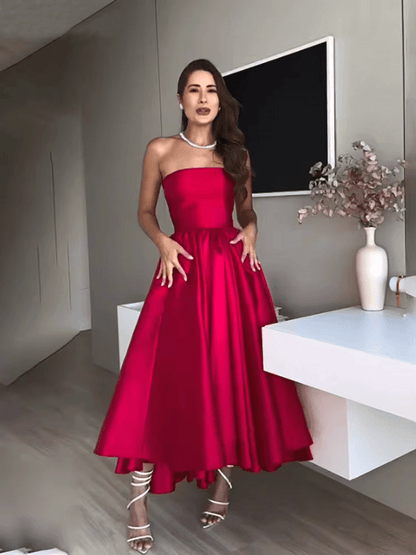 Vestido de fiesta de satén rojo sin tirantes, corte A, sencillo, para ocasiones formales