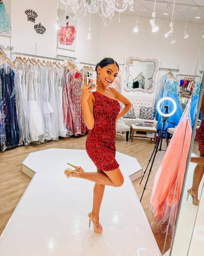 Vestidos de cóctel con lentejuelas rojas y un solo hombro para mujer